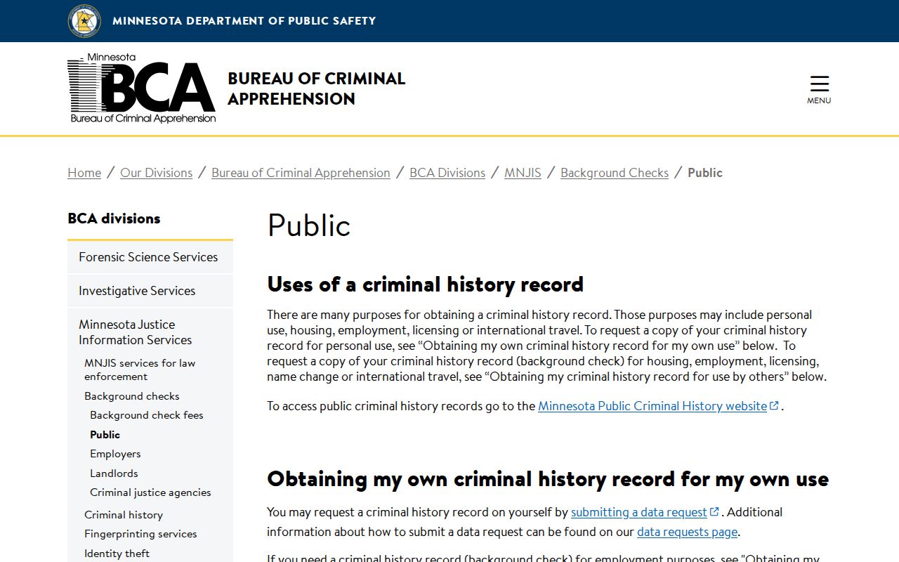 Maplewood resident lookup Minnesota BCA public-history request page