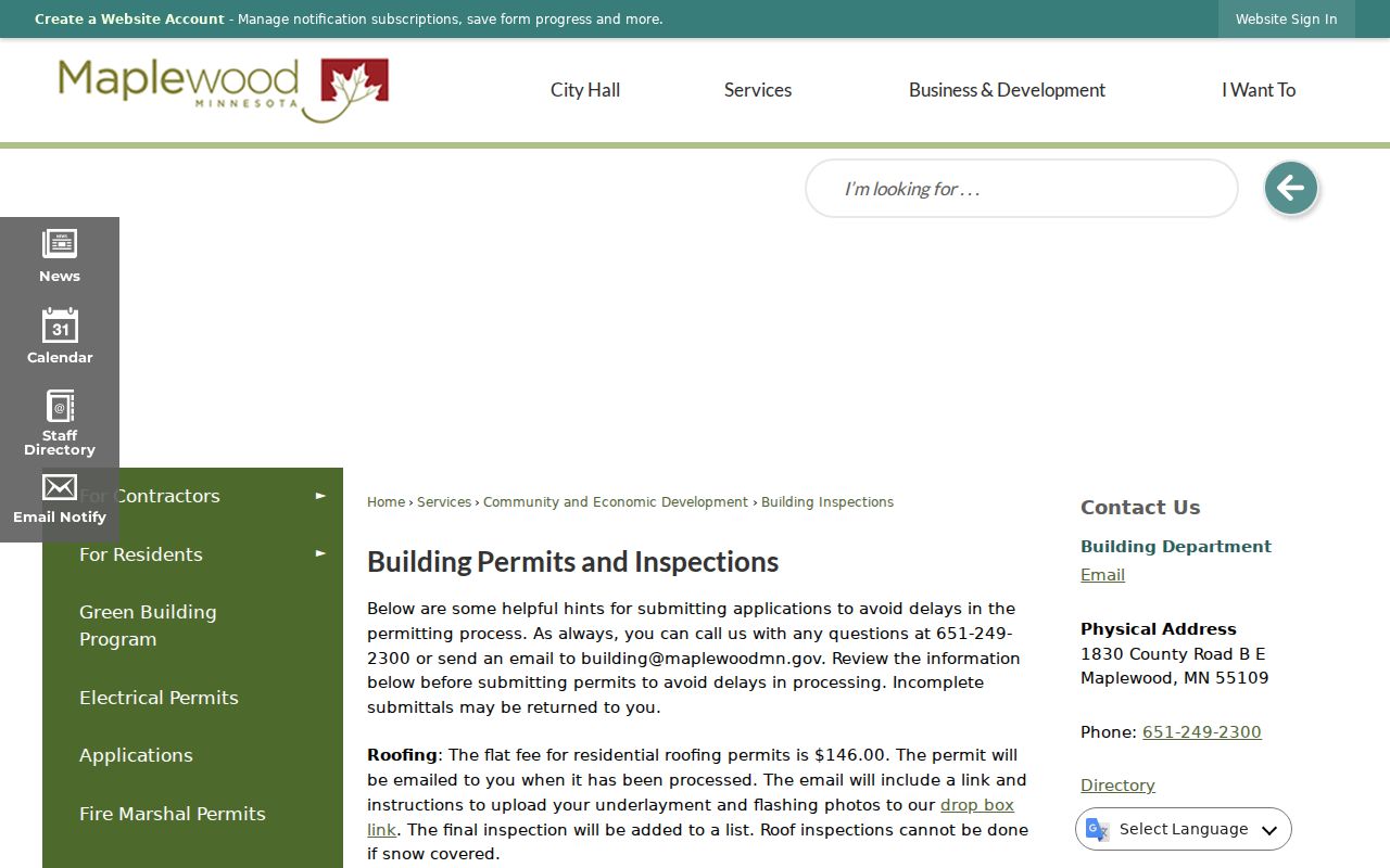Maplewood street directory Building Inspections address request page